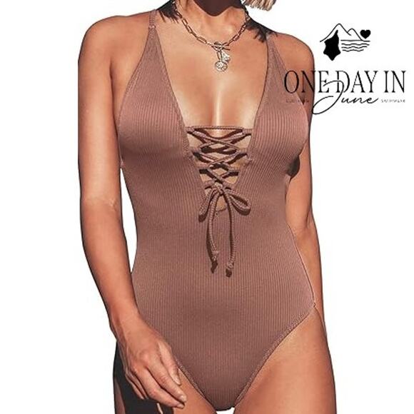 Cupshe Ribbed Lace Up Front Swimsuit Size L - Picture 1 of 7